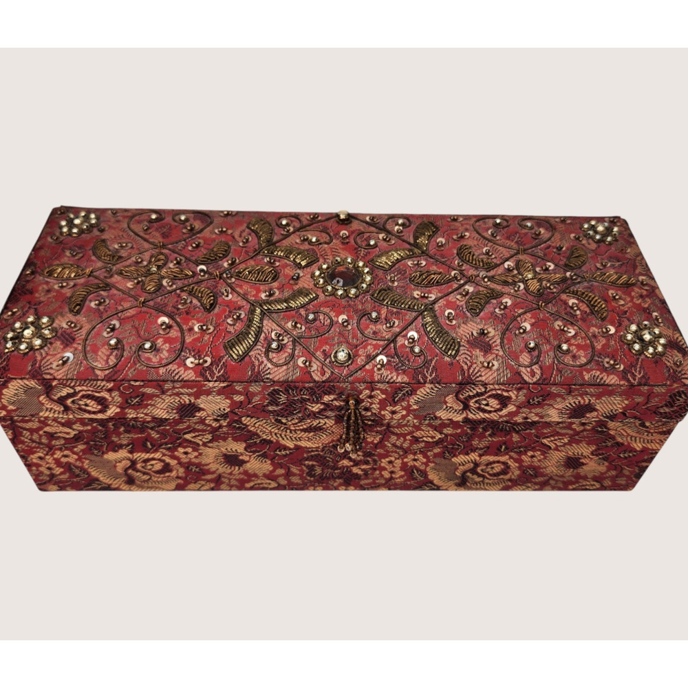 Jewelry Box Pier 1 ? Boho Beaded Sequin Wine Red Satin Mirror Tray India 12x4